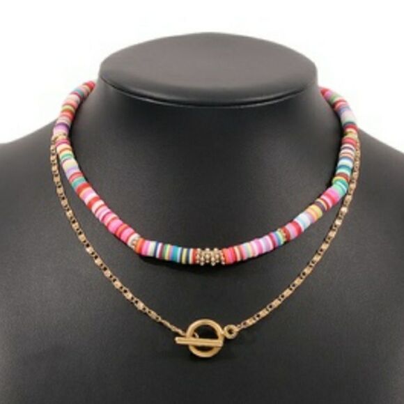 50% off 3 or more Layered Necklace Multi-color Faux Puka Choker & Gold Chain - Picture 3 of 11